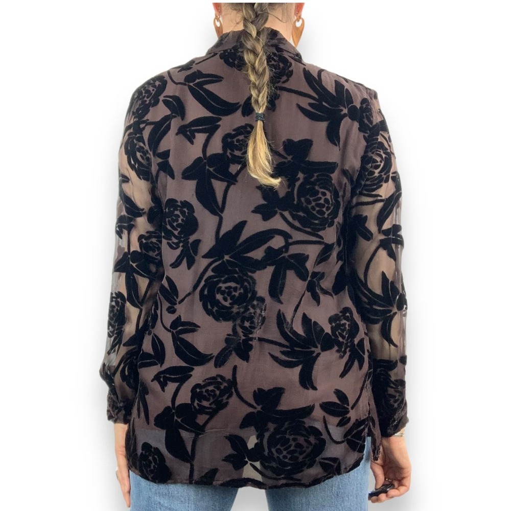 90's brown silk button down blouse with black velvet roses and sheer sleeves - Picture 10 of 16